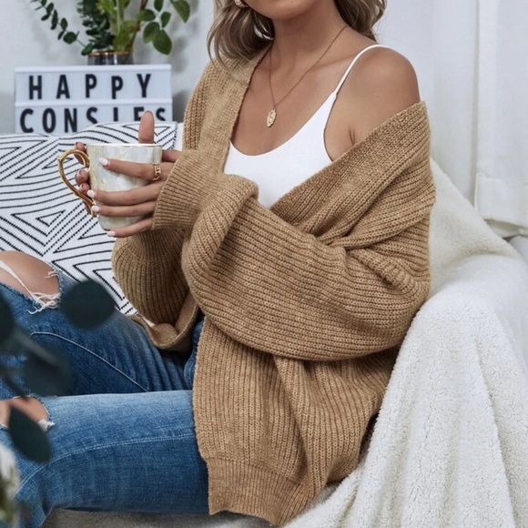Sweaters - Soft knit drop shoulder oversized cardigan sweater tan